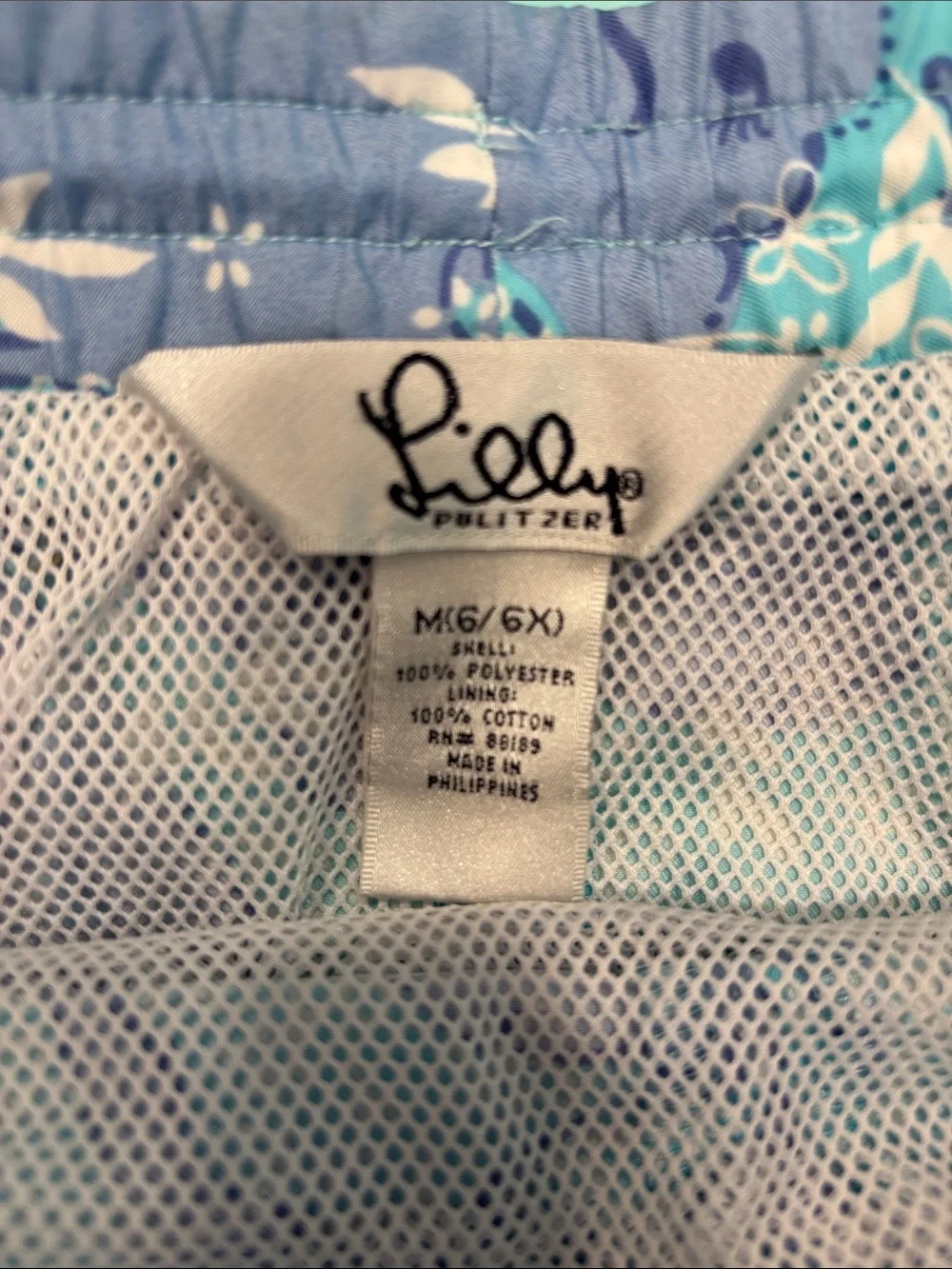 Lilly Pulitzer Blue & Mint Floral Swim Trunks with White Drawstring